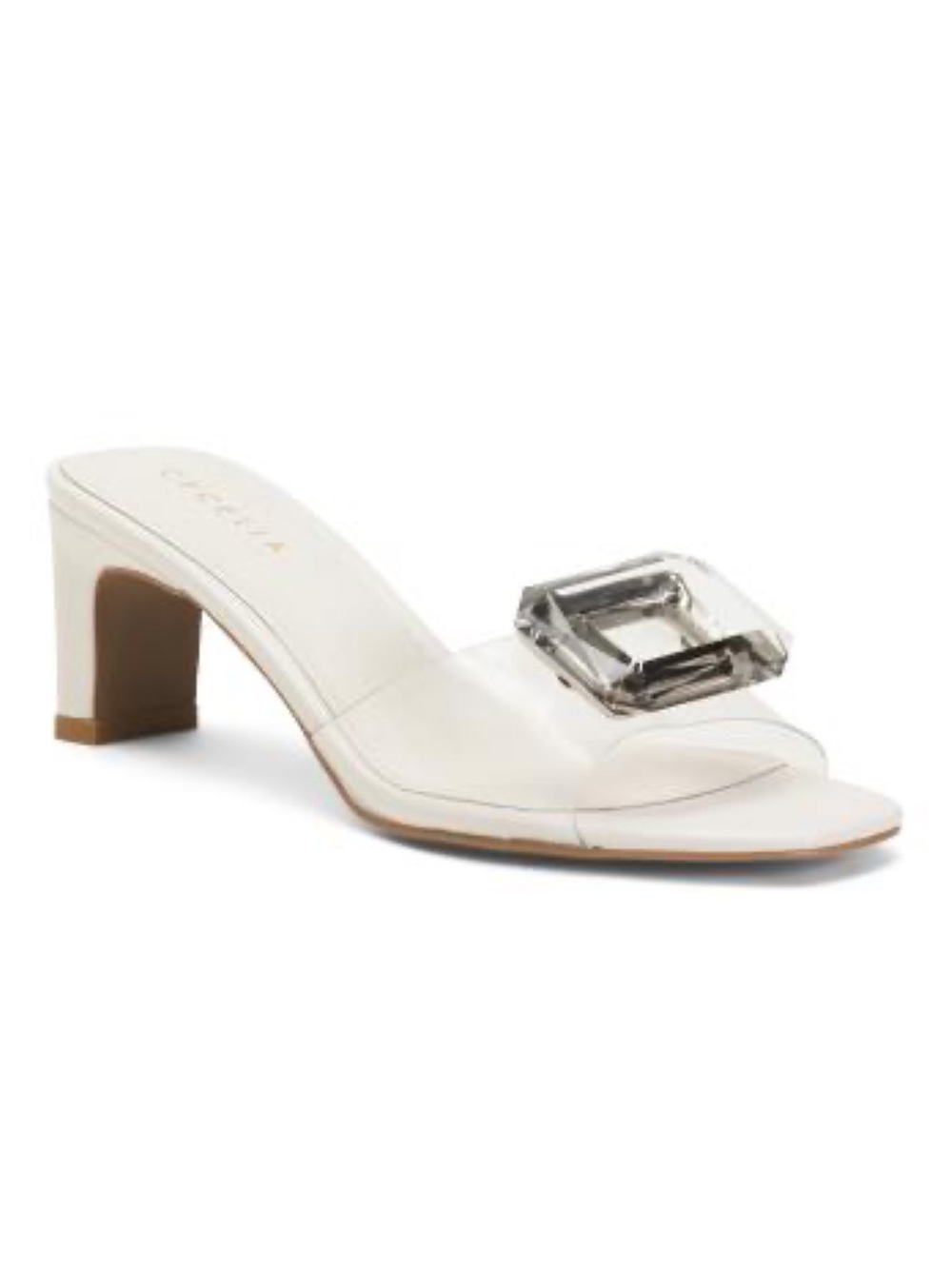 NWT CECELIA NEW YORK Park Ave Jeweled White Heeled Slide with Clear Buckle
